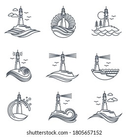 lighthouse line icon set with ocean waves and seagulls isolated on white background