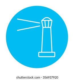 Lighthouse line icon for web, mobile and infographics. Vector white icon on the light blue circle isolated on white background.