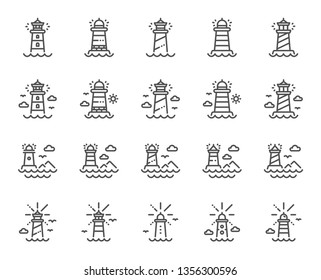 Lighthouse line icons. Searchlight tower with seagull for marine navigation of ships. Sea pharos, lighthouse or beacon icons. Ocean waves, nautical building, marine house. Vector