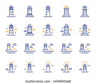 Lighthouse line icons. Searchlight tower with seagull for marine navigation of ships. Sea pharos, lighthouse or beacon icons. Ocean waves, nautical building, marine house. Vector