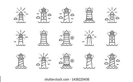 Lighthouse line icons. Searchlight tower with seagull for marine navigation of ships. Sea pharos, lighthouse or beacon icons. Linear set. Vector