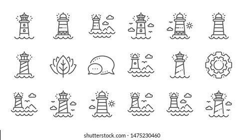 Lighthouse line icons. Searchlight tower with seagull for marine navigation of ships. Sea pharos, lighthouse or beacon icons. Linear set. Quality line set. Vector