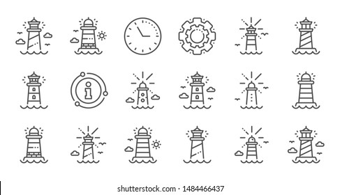 Lighthouse line icons. Searchlight tower with seagull for marine navigation of ships. Sea pharos, lighthouse or beacon icons. Linear set. Quality line set. Vector