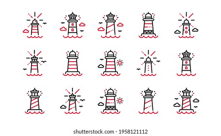 Lighthouse line icons. Searchlight tower with seagull for marine navigation of ships. Sea pharos, lighthouse or beacon icons. Linear set. Linear set. Quality line set. Vector