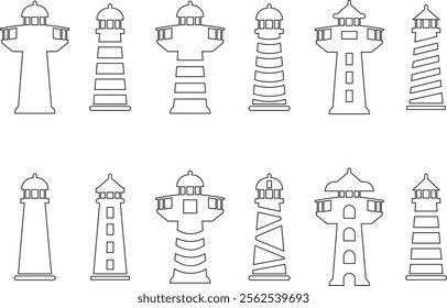 Lighthouse line icons set. Light house logos designs featuring tower vectors, representing maritime symbolism. Searchlight concept. Shore light beacon illustration isolated on transparent background.