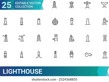 Lighthouse line icons set. Outline icon set of Nautical, Coastal, Direction and more. Vector icon for web and ui design, Editable stroke. Vector illustration.