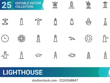 Lighthouse line icons set. Outline icon set of Nautical, Coastal, Direction and more. Vector icon for web and ui design, Editable stroke. Vector illustration.