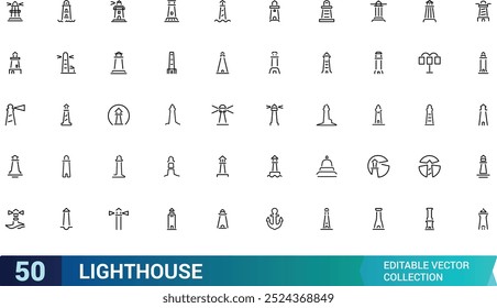 Lighthouse line icons set. Outline icon set of Nautical, Coastal, Direction and more. Vector icon for web and ui design, Editable stroke. Vector illustration.