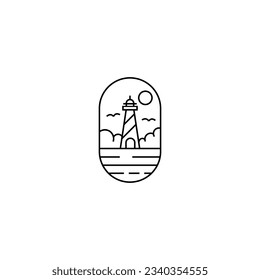 Lighthouse line logo design with ocean view