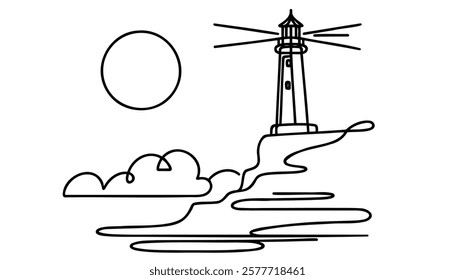 Lighthouse linear background. Hand drawn beacon on the ocean shore. Vector illustration.