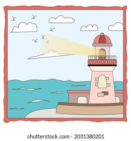 The lighthouse is located by the sea. cartoon cute Flat design concept. vector, illustration