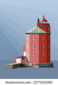 Kjeungskjær lighthouse located on West coast of Norway. Vector illustration 