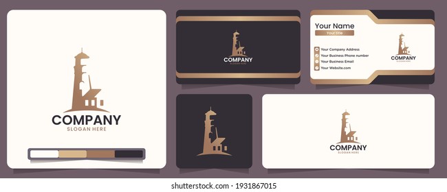lighthouse logo , beacon ,navigation ,gold color, logo design with business card and banner