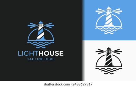 Lighthouse logo, Beacon Vector Illustration. Harbor icon. Light beacon symbol. Maritime tower emblem.