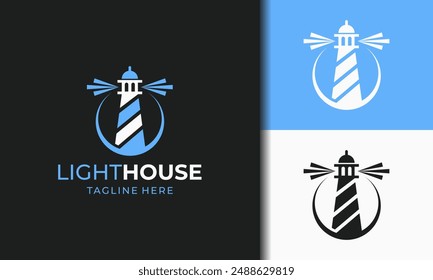 Lighthouse logo, Beacon Vector Illustration. Harbor icon. Light beacon symbol. Maritime tower emblem.