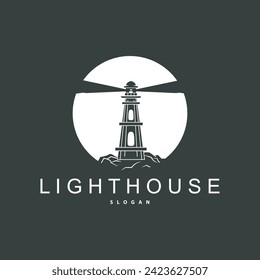 Lighthouse Logo, Beacon Vector Modern Simple Beach Searchlight Tower, Symbol Illustration Template