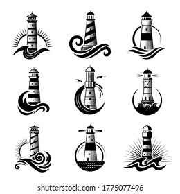 Lighthouse logo. Business stylized marine symbols oceanic waves sea icons with silhouettes of lighthouse