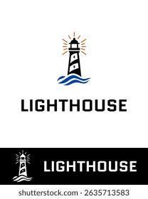 Lighthouse logo design featuring a stylized tower with radiating light and ocean waves, symbolizing guidance, safety, navigation, and maritime themes