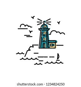 Lighthouse logo design. Flat and line style vector illustration. Template with seaside and lighthouse. Travel concept.
