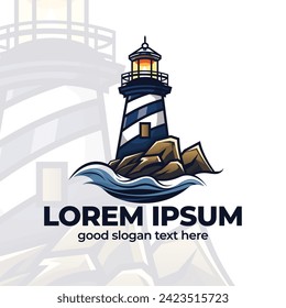 Ilustración de diseño del logotipo del faro, diseño de icono del faro, vector de estilo de contorno, fondo blanco.