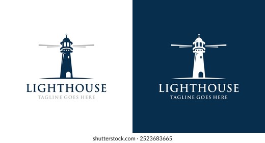 Inspiração do design do logotipo do farol. Ícone Harbour. Símbolo de Beacon de Luz. Emblema da Torre Marítima. Ilustração de vetor.