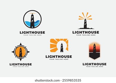 Lighthouse Logo Design Inspiration. Harbor Icon. Light Beacon Symbol. Maritime Tower emblem. Vector Illustration.