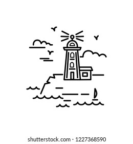 Lighthouse logo design. Line style vector illustration. Template with seaside and lighthouse. Travel concept.
