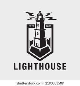Lighthouse logo design. Maritime harbor icon. Search light signal beacon symbol. Nautical watch tower emblem. Vector illustration.