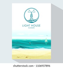 Lighthouse Logo Design on sea background. Brochure flyer design template vector.