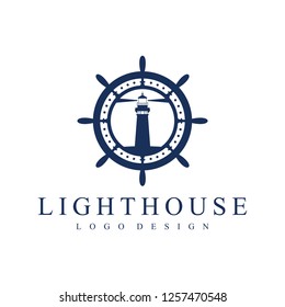 Lighthouse Logo Design With Ship's Wheel Design Illustration - Vector