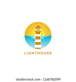 lighthouse logo design, lighthouse with a sunrise beach background vector icon