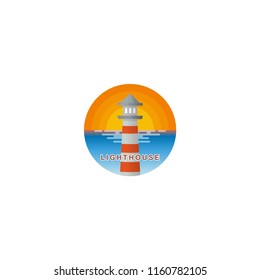 lighthouse logo design, lighthouse with a sunset beach background vector icon