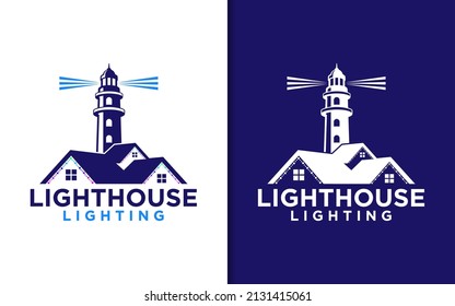 Lighthouse logo design template with house element