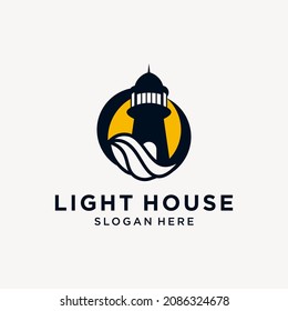 Lighthouse logo design template with sea water elements monoline logo lighthouse outline 