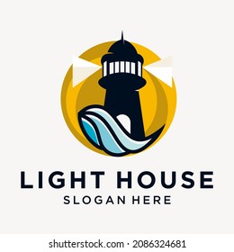 Lighthouse logo design template with sea water elements monoline logo lighthouse outline 