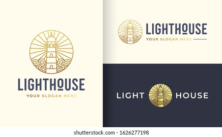 Lighthouse logo design template with water ocean element