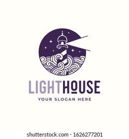 Lighthouse logo design template with water ocean element