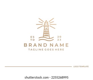 Lighthouse logo design template with water ocean element