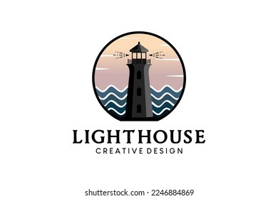 Lighthouse logo design with waves and sky background