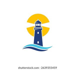 Lighthouse logo featuring a classic beacon tower with a light beam and ocean waves in blue and yellow, symbolizing guidance, safety, security, and vision. Ideal for financial advisors, insurance providers, security firms, maritime companies, or consulting agencies. Fully editable vector template.