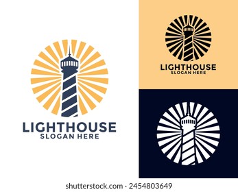 Lighthouse logo. Harbor icon. Light beacon symbol. Maritime tower logo Vector illustration