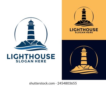 Lighthouse logo. Harbor icon. Light beacon symbol. Maritime tower logo Vector illustration