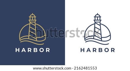 Lighthouse logo. Harbor icon. Light beacon symbol. Maritime tower emblem. Vector illustration.