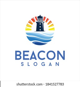 Lighthouse logo icon Design Vector Illustration. Beacon logo design template. Light houses and ocean waves. Coastal beach logo design template.