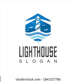 Lighthouse logo icon Design Vector Illustration. Beacon logo design template. Light houses and ocean waves. Coastal beach logo design template.
