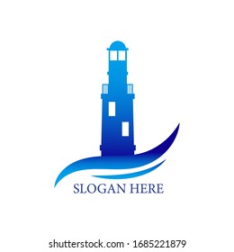 Lighthouse logo. Icon with lighthouse and ocean waves. Label design.