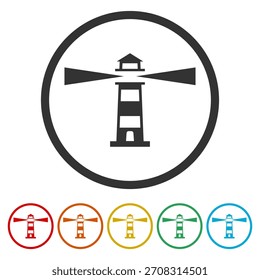 Icono del logotipo del faro. Establecer íconos en Botones de círculo de color