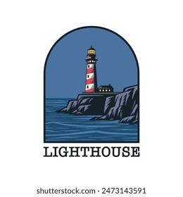 Lighthouse logo illustration at night in vintage style