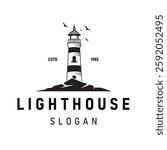 Lighthouse logo illustration with simple and minimalist vector design, suitable for branding maritime business, shipping company, marine tourism, or sea lover community.