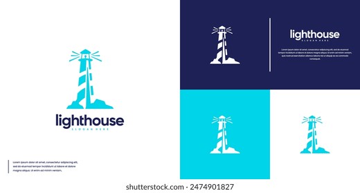 lighthouse logo with island rocks, beacon tower, logo design vector.